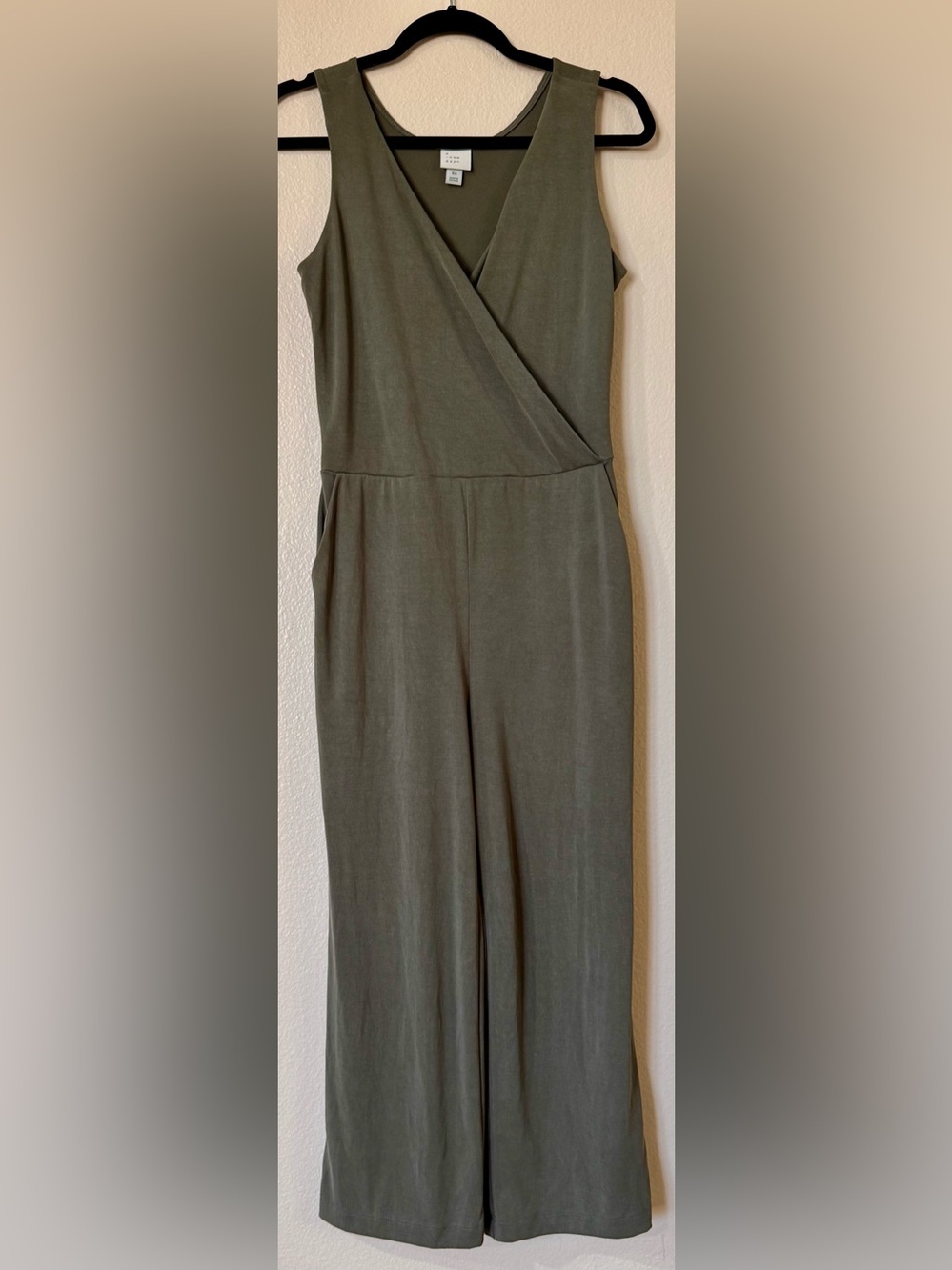 A New Day Modal Wrap Front Jumpsuit Olive Green Pockets Culotte Wide Leg XS